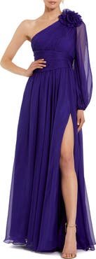 Mac Duggal One Sleeve Ruched Chiffon Gown With 3D Flower