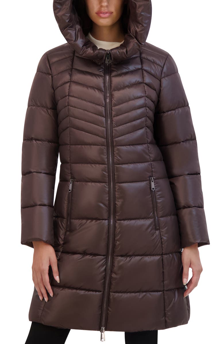 Kenneth Cole New York Soft Cire Funnel Neck Puffer Coat, Alternate, color, Chocolate