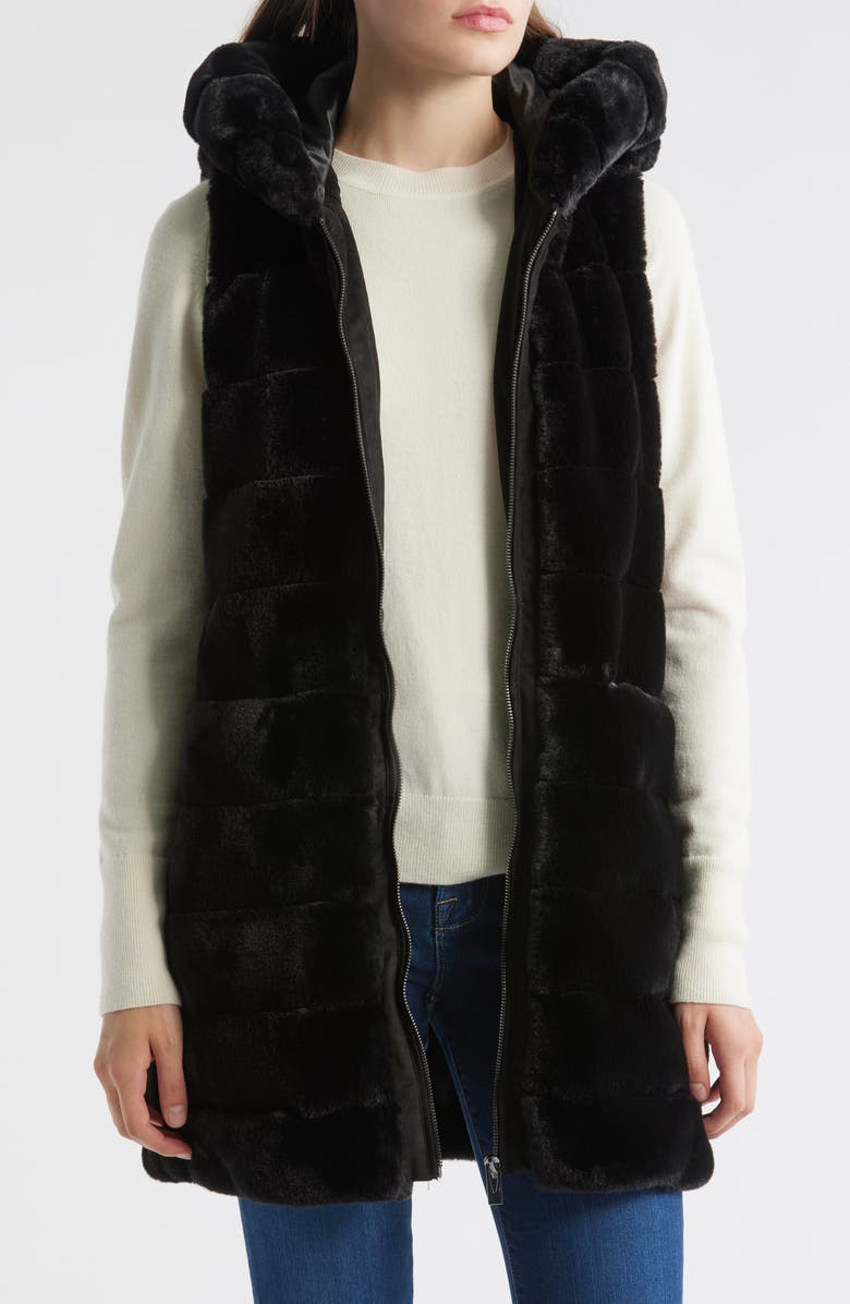 Via Spiga Hooded Quilted Faux Fur Vest, Alternate, color, Black