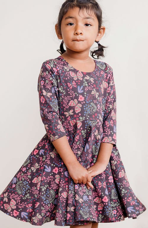 Mightly Organic Cotton 3/4 Sleeve Print Twirl Dress In Flower Child