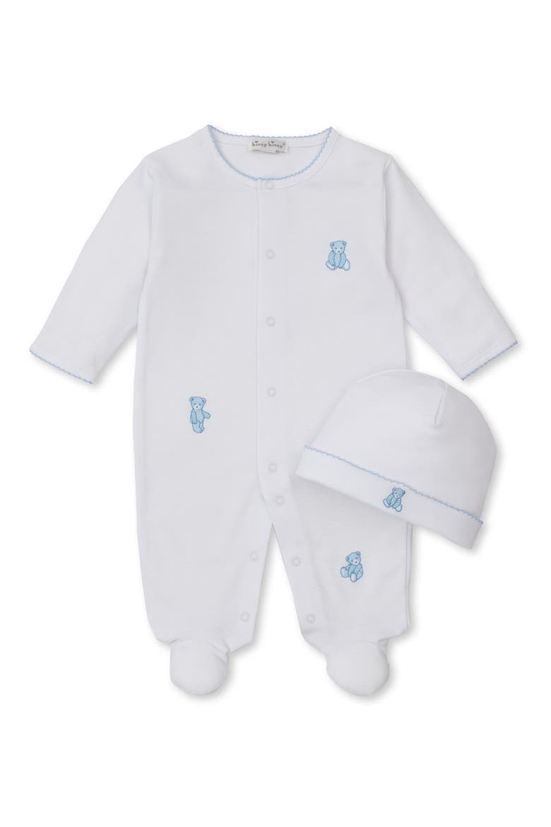 Teddy Bear Embroidered Pima Cotton Footie & Hat Set, Main, color, WHITE/ BLUE
