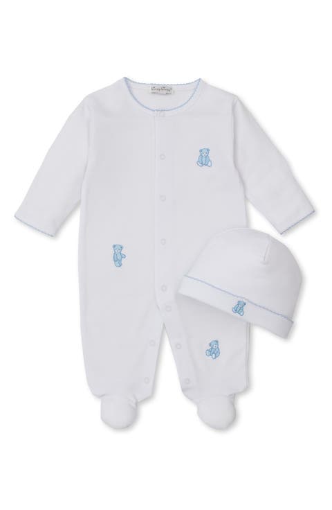 Teddy Bear Embroidered Pima Cotton Footie & Hat Set (Baby)