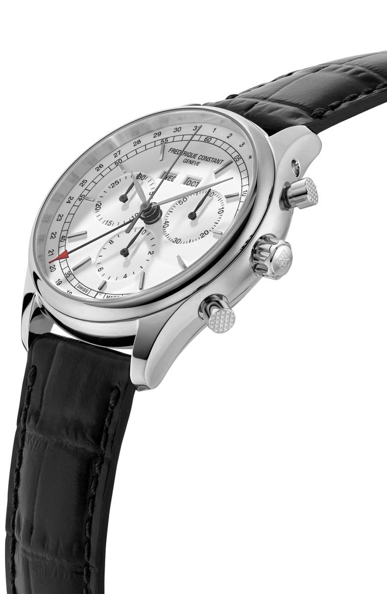 FREDERIQUE CONSTANT Classics Chronograph Leather Strap Watch, 40mm, Alternate, color, Silver-Tone