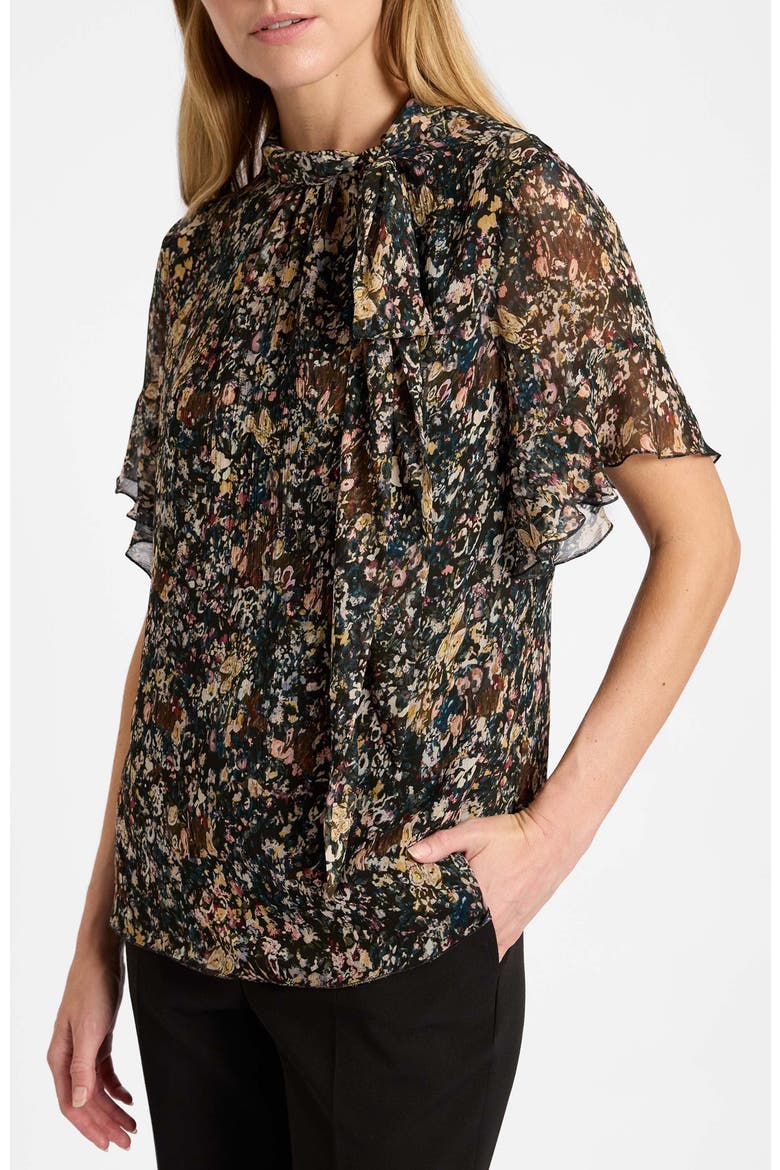 Athena Blouse with Short Flutter-Sleeves in Abstract Floral Print, Alternate, color, Evergreen Multi