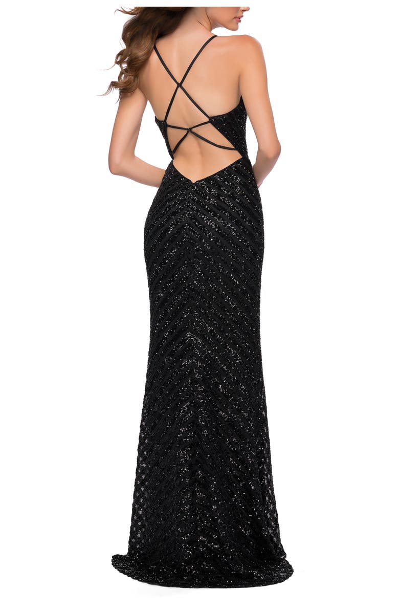 La Femme Long Sequin Gown with Thick Sequin Print Fabric, Alternate, color, Black