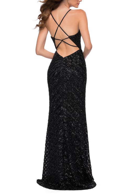 La Femme Long Sequin Gown With Thick Sequin Print Fabric In Black