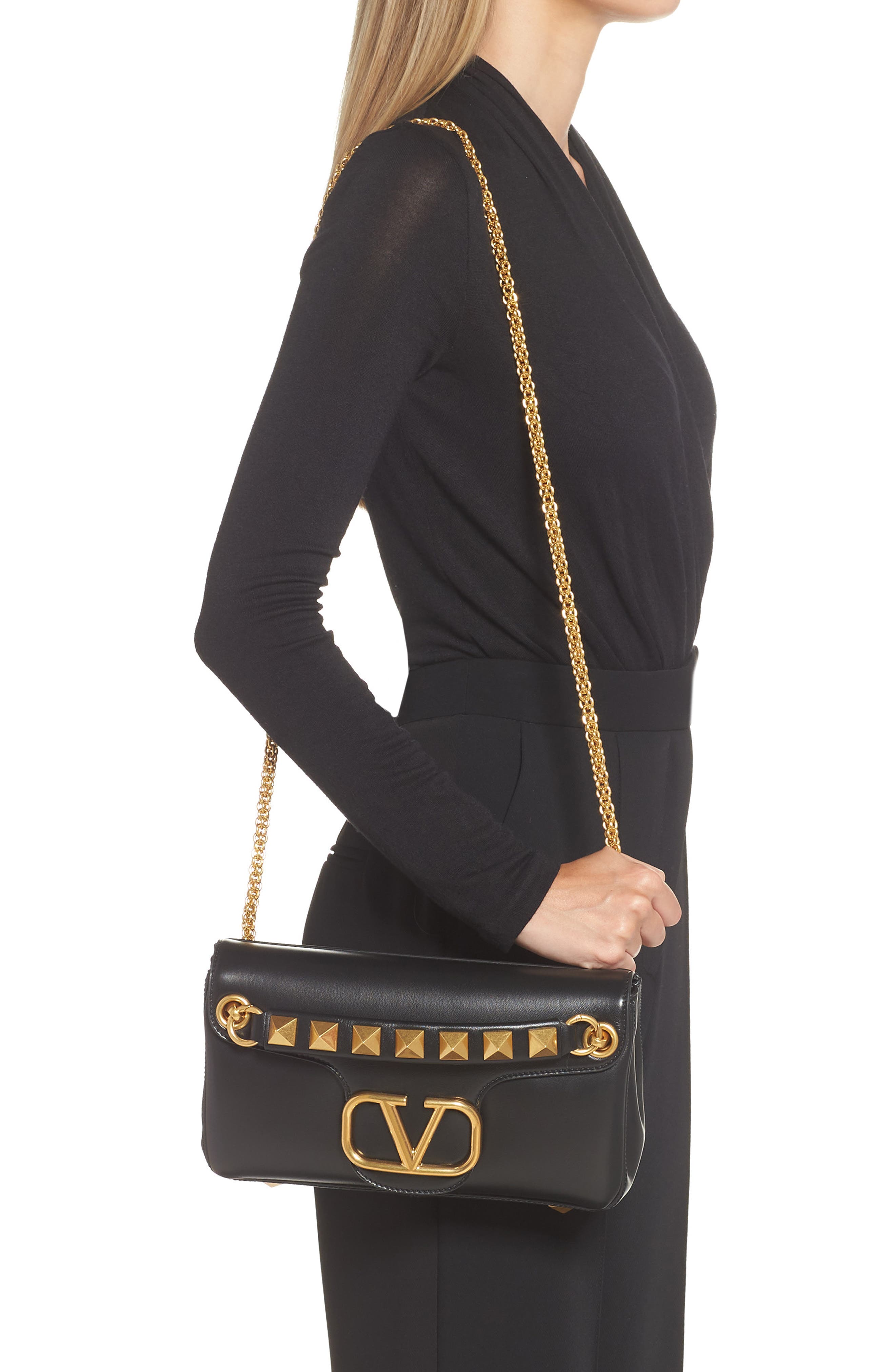 Valentino Garavani Stud Sign VLOGO Leather Shoulder Bag, Alternate, color, 