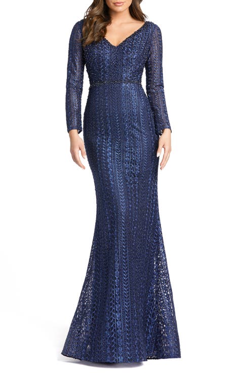 Embroidered Long Sleeve V Neck Trumpet Gown