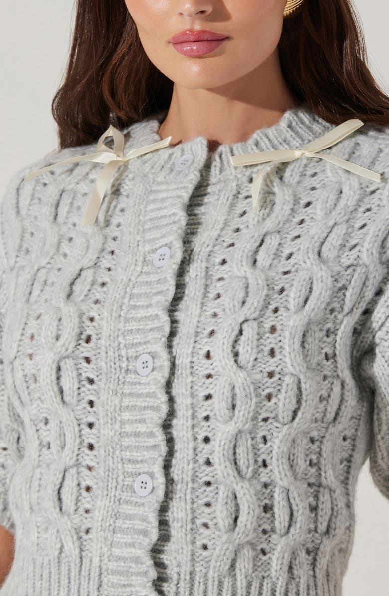 ASTR the Label Bow Cable Stitch Short Sleeve Cardigan, Alternate, color, Grey