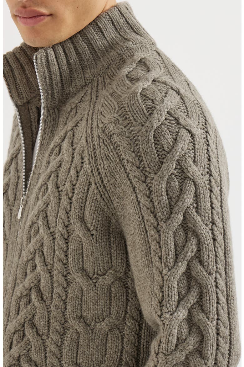 Cable knit cardigan in cashmere Feather yarn with zipper, Alternate, color, Military