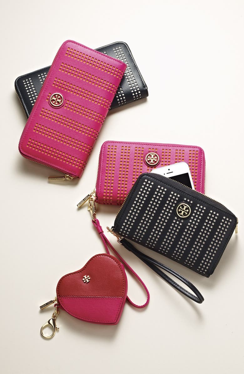 Tory Burch 'Robinson' Saffiano Leather Perforated Zip Wallet, Alternate, color, 