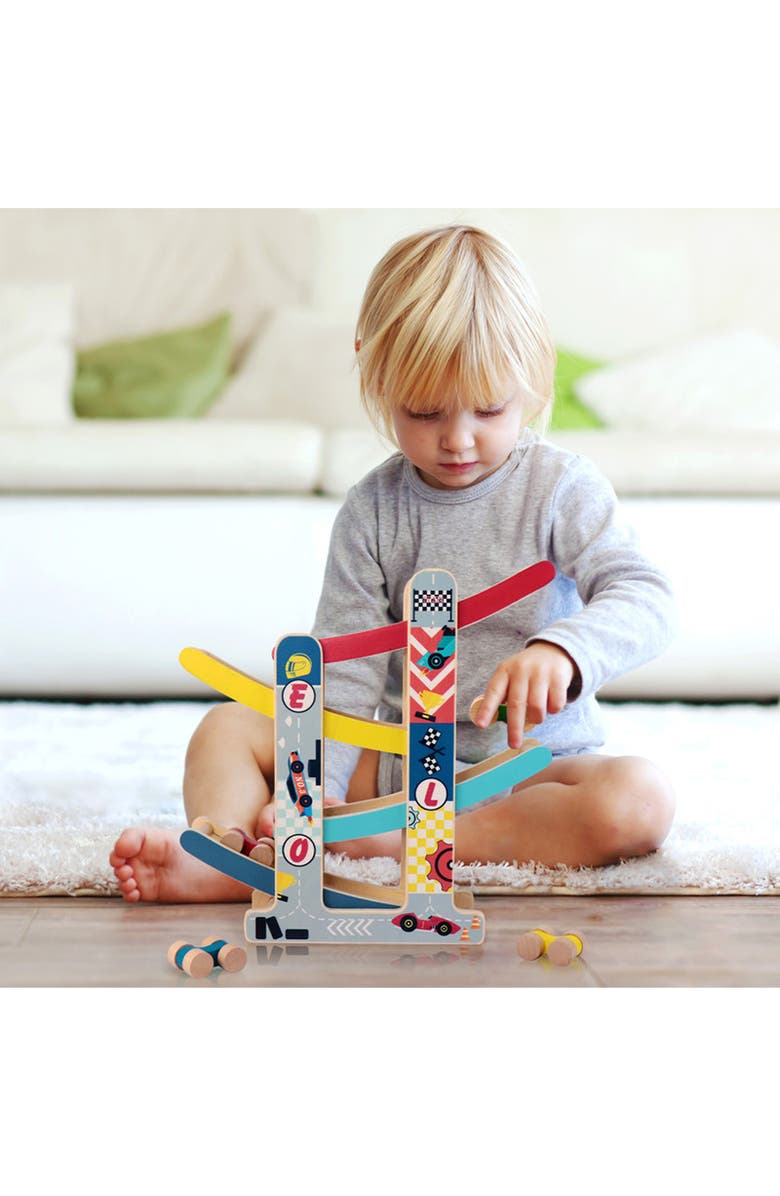 Leo & Friends Wooden Ramp Racer Track with 4 Race Cars Included, Alternate, color, Red