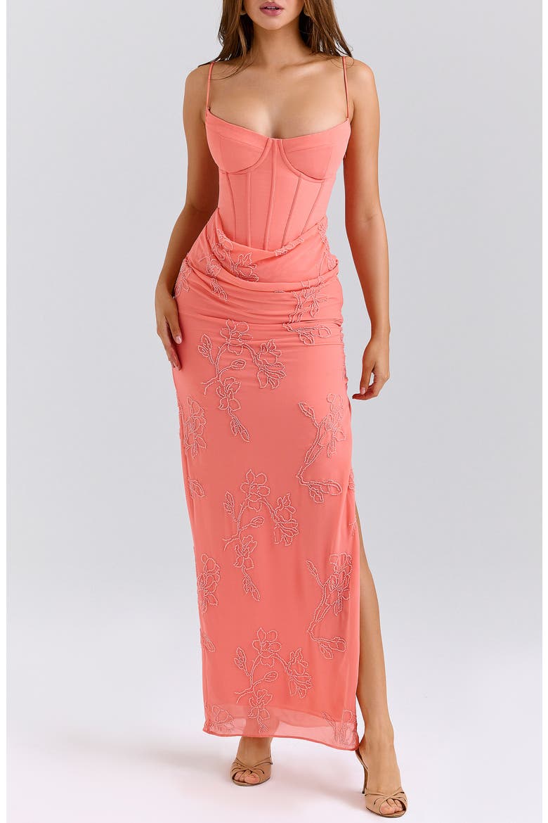 Carmella Hand Beaded Corset Gown, Main, color, CORAL