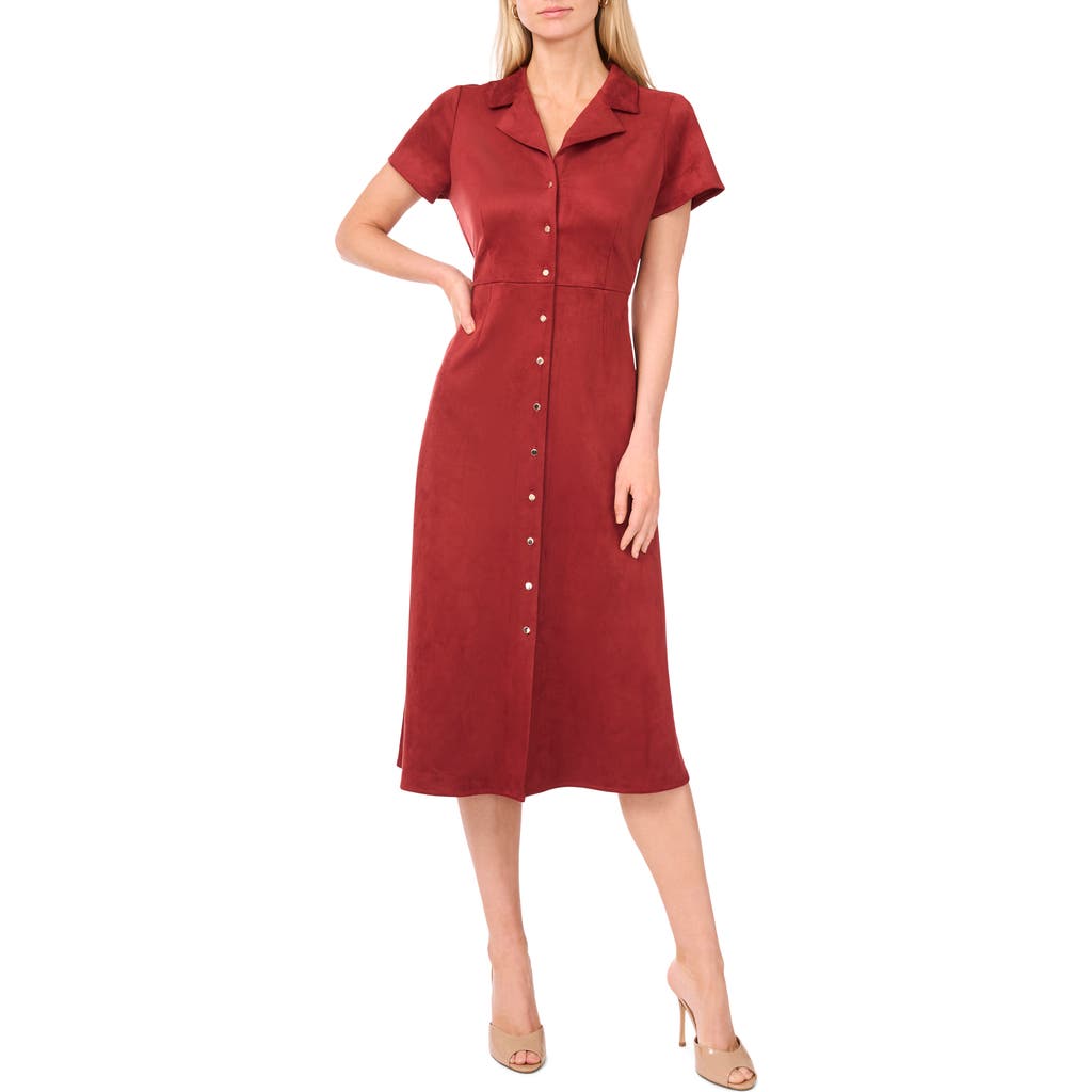 Vince Camuto Short Sleeve Faux Suede Midi Shirtdress In Burgundy