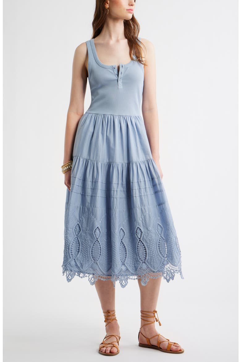 Embroidered Mixed Media Henley Tank Dress, Main, color, BLUE BLIZZARD