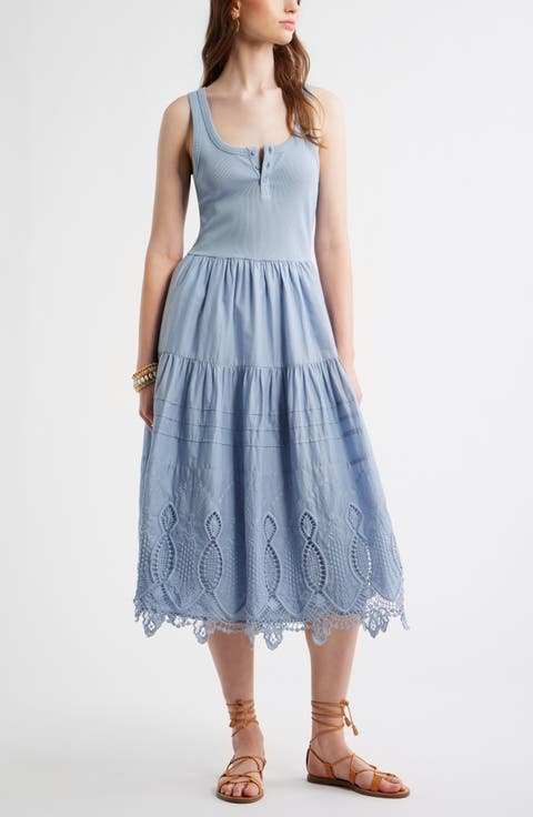 Embroidered Mixed Media Henley Tank Dress