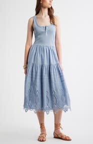 Treasure & Bond Embroidered Mixed Media Henley Tank Dress