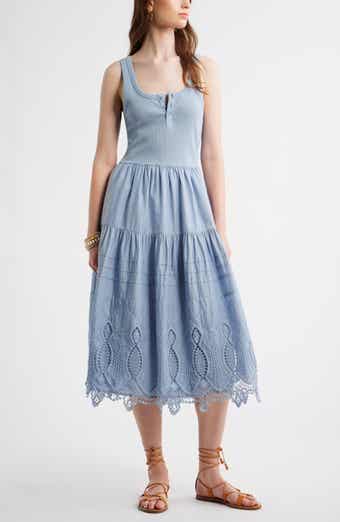 Embroidered Mixed Media Henley Tank Dress