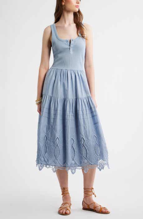 Embroidered Mixed Media Henley Tank Dress
