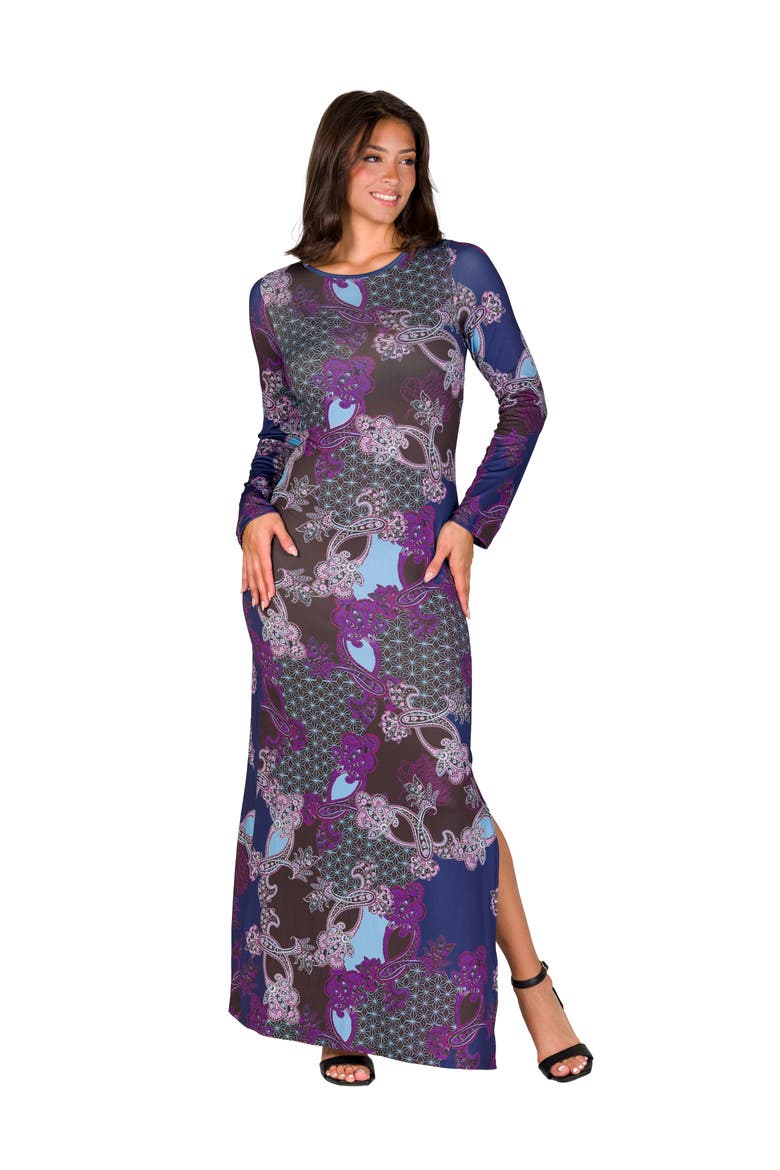 Paisley Long Sleeve Side Slit Fitted Maxi Dress, Main, color, Purple Multi