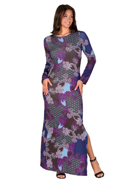 Paisley Long Sleeve Side Slit Fitted Maxi Dress