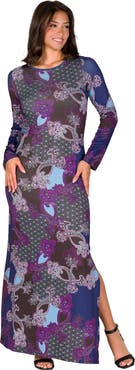 24seven Comfort Apparel Paisley Long Sleeve Side Slit Fitted Maxi Dress