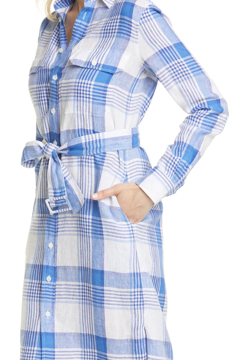 Plaid Long Sleeve Belted Linen Shirtdress, Alternate, color, 4370 WHITE BLUE/ MULTI