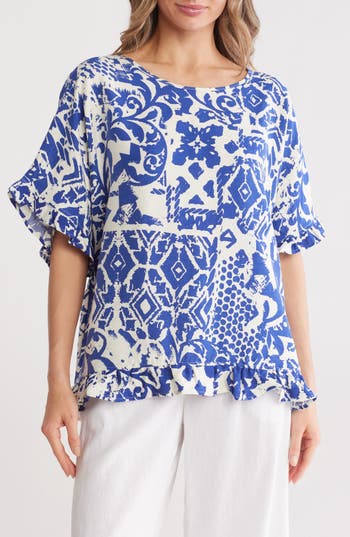 Patrizia Luca Ruffle Short Sleeve Top In Blue