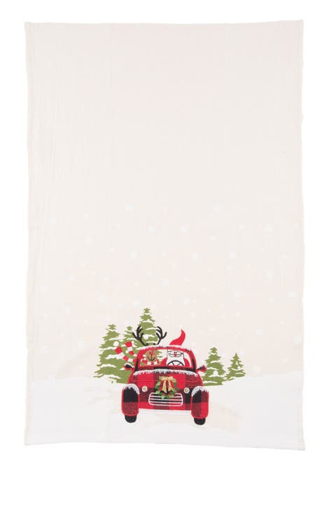 27" x 18" Reindeer Driving Red Plaid Truck "Road Trip Friends" Christmas Winter Cotton Kitchen Dish Towel Decor Decoration