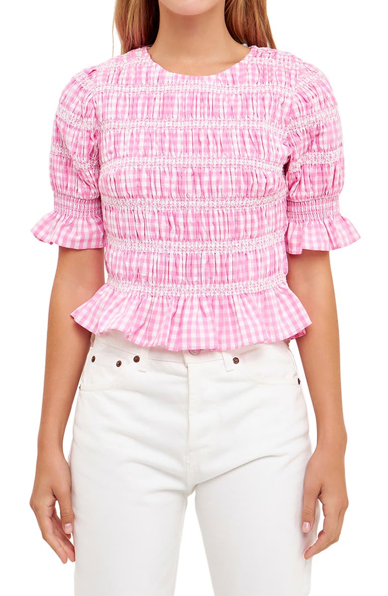 English Factory Smocked Gingham Puff Sleeve Top, Alternate, color, 