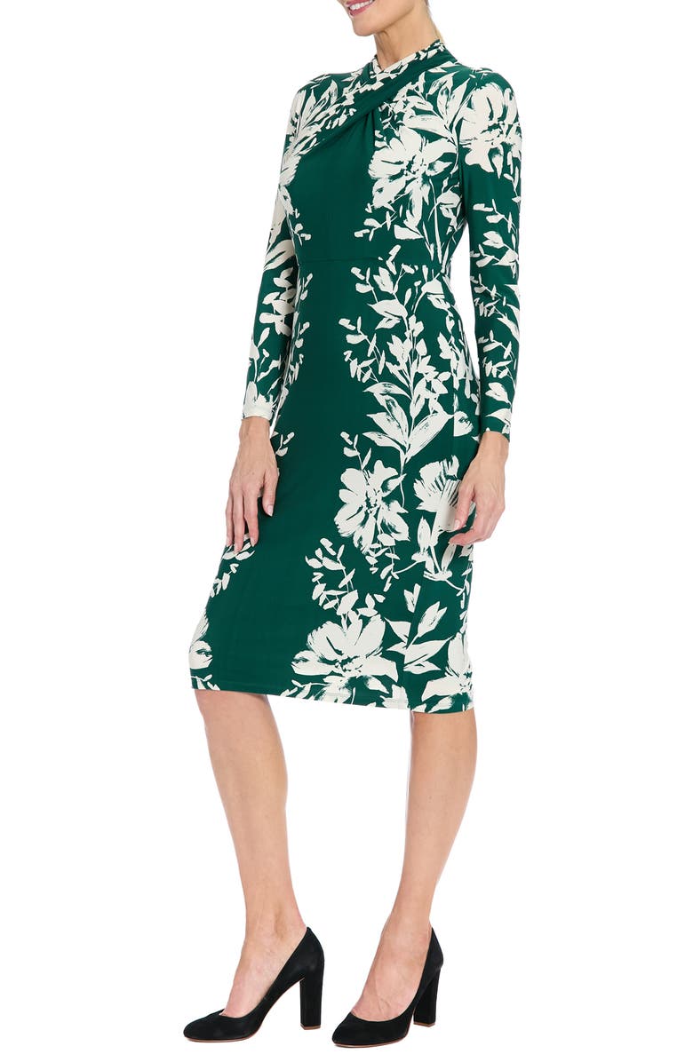 London Times Floral Crisscross Neck Long Sleeve Midi Dress, Alternate, color, Teal/ Cream