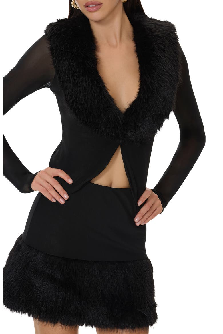 Nymia Faux Fur Collar Mesh Sleeve Cardigan, Alternate, color, NOIR