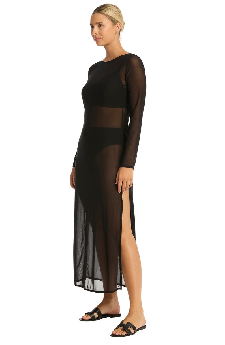 Sea Level Day Club Long Sleeve Mesh Cover-Up Dress, Alternate, color, Black