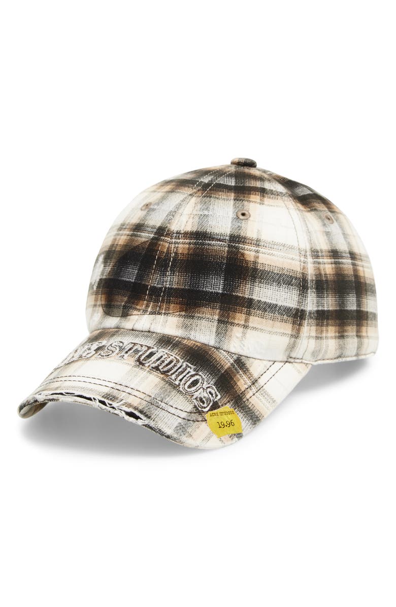 Acne Studios Distressed Plaid Adjustable Baseball Cap, Main, color, White/ Black