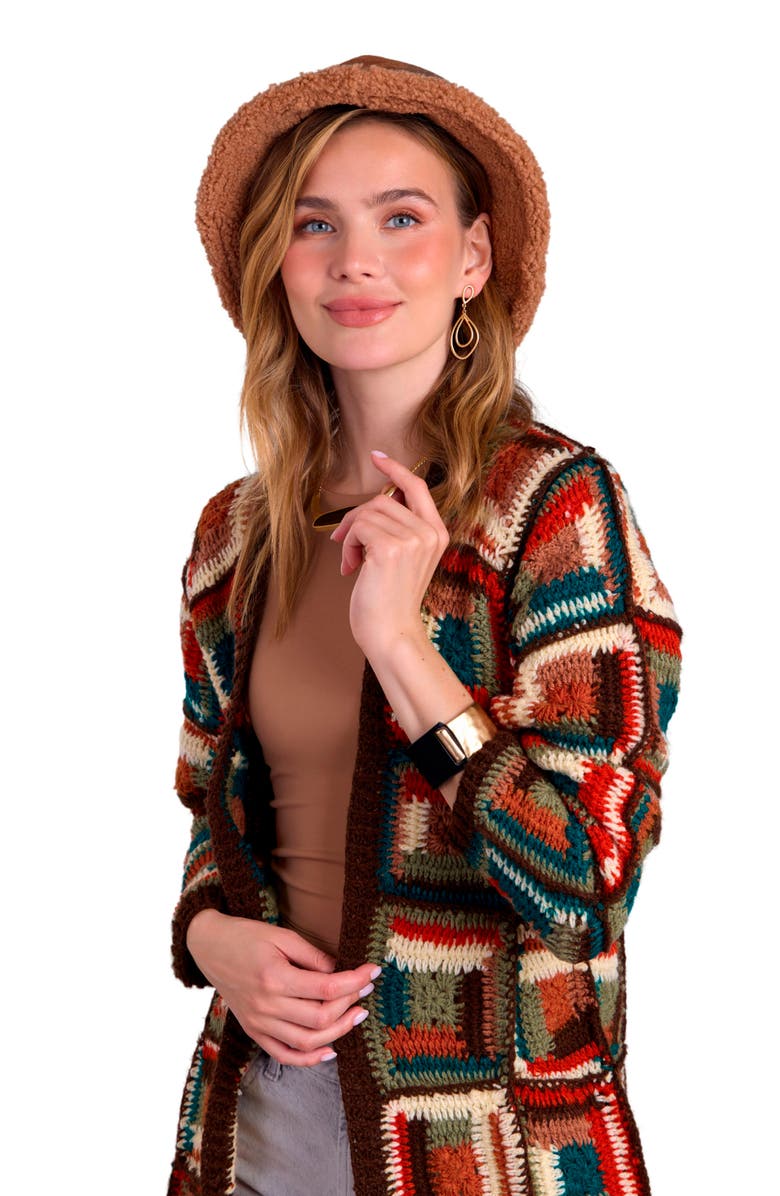 SAACHI Granny Square Crochet Longline Cardigan, Alternate, color, Brown