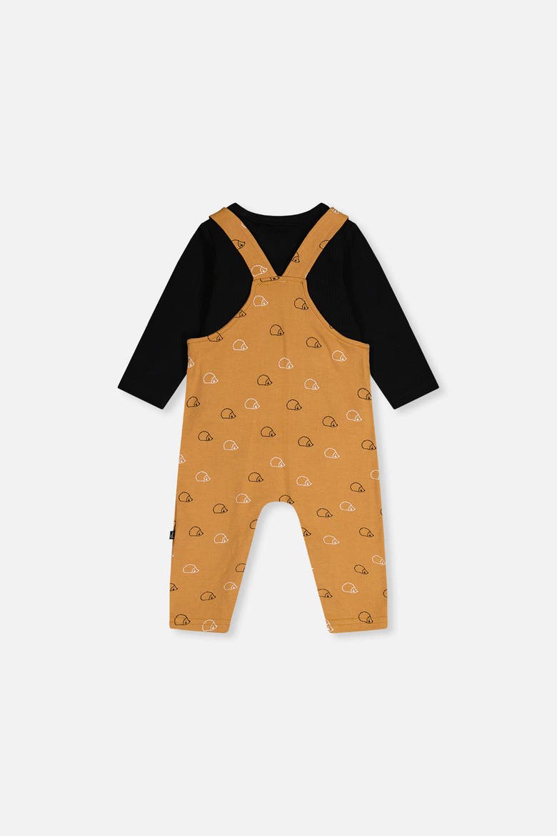Organic Cotton Envelope Neck Romper and Hedgehog Pocket Overalls Set, Alternate, color, Black and Brown