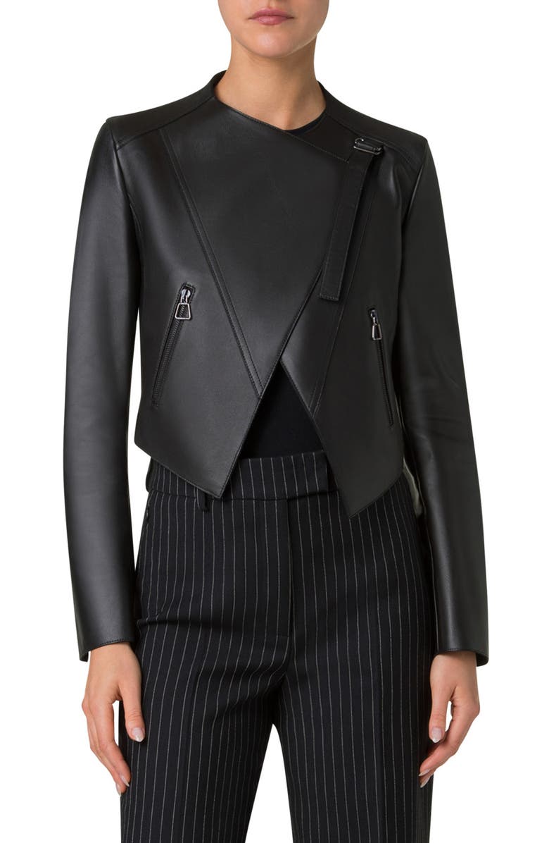 Akris Ariel Asymmetric Leather Crop Jacket, Main, color, Black