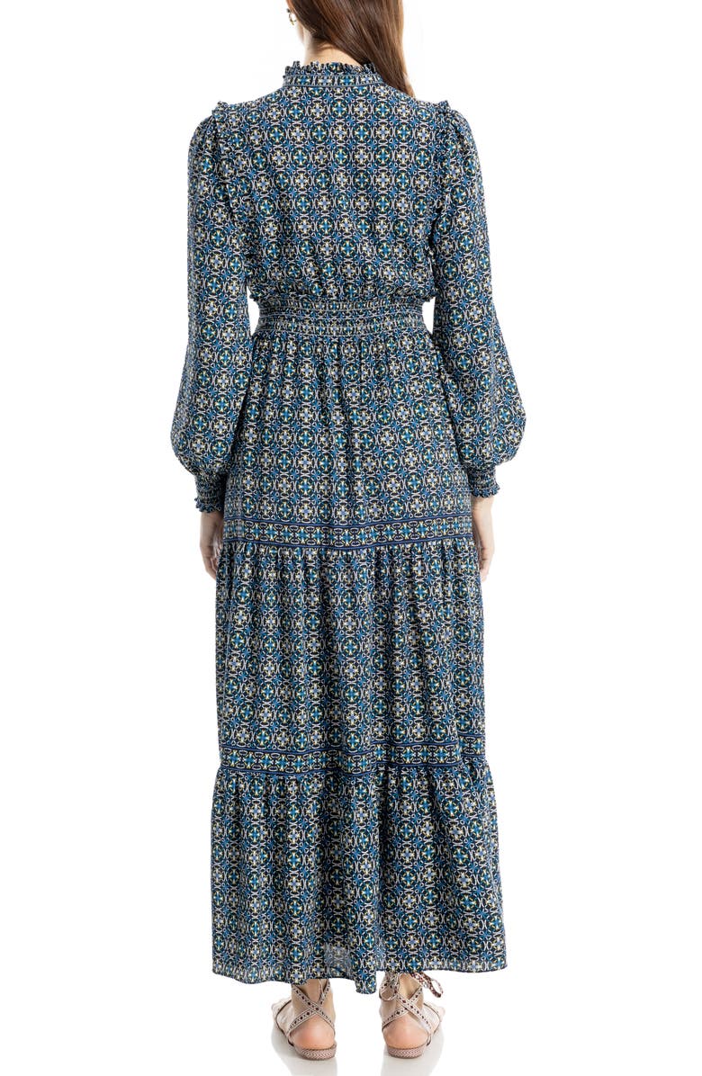 MAX STUDIO Tiered Long Sleeve Maxi Dress, Alternate, color, Nvytrqoc-Navy/Turq Overlap Circles