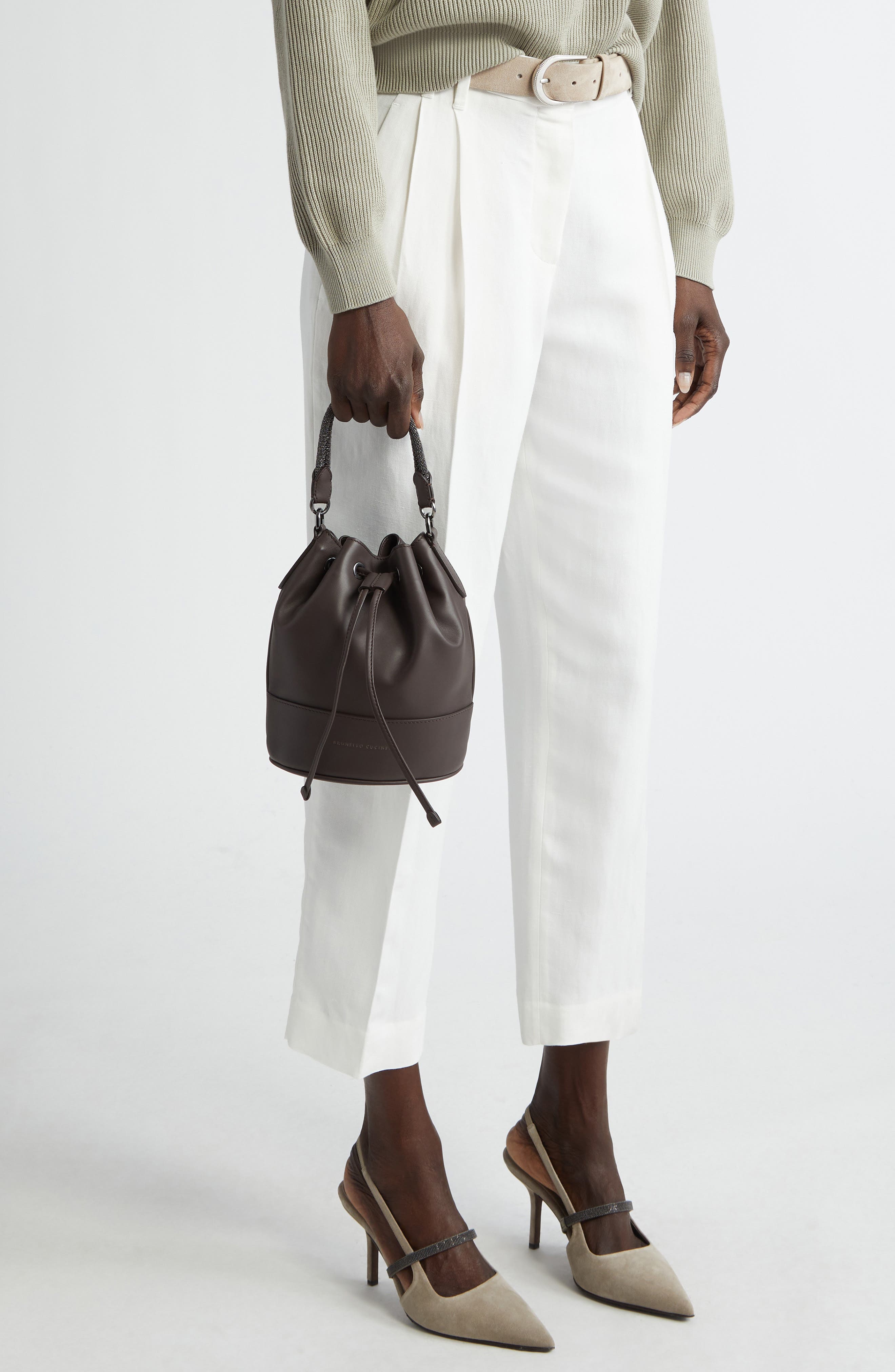 Brunello Cucinelli Monili Trim Leather Bucket Bag, Alternate, color, 