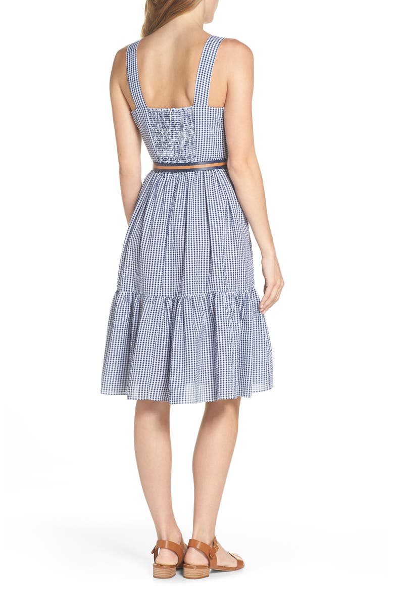Ruffle Hem Seersucker Check Fit & Flare Dress, Alternate, color, NAVY/ IVORY