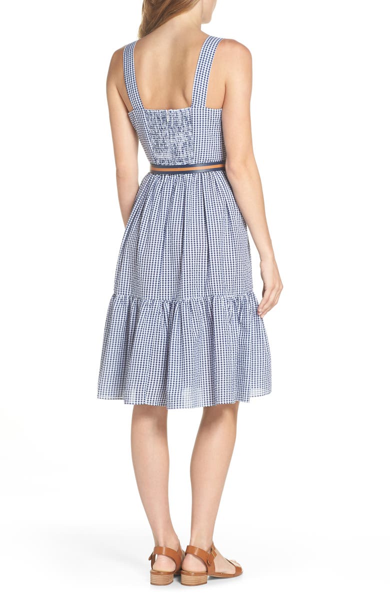 Eliza J Ruffle Hem Seersucker Check Fit & Flare Dress, Alternate, color,