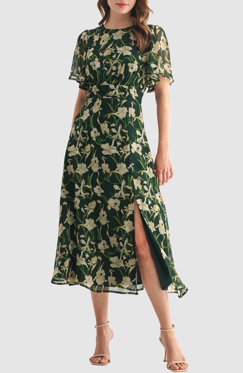 Lush Floral Short Sleeve Chiffon Midi Dress, Main, color, Green Floral