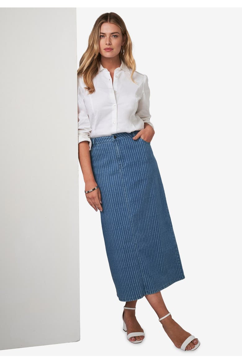 True Fit Stretch Denim Midi Skirt, Alternate, color, RICH BURGUNDY