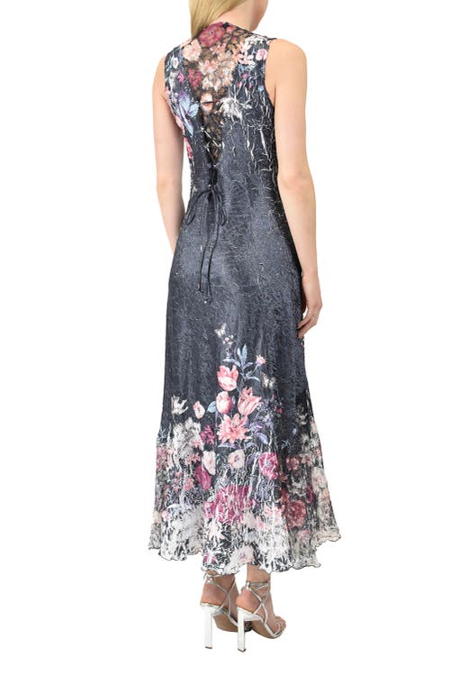 Komarov Floral Long Dress With Lace Up Back Detail In Gray