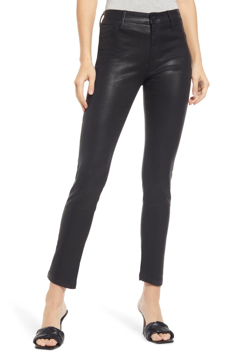 AG The Farrah High Rise Ankle Skinny Leather Panel Denim Pants, Main, color, Luminous Super Black