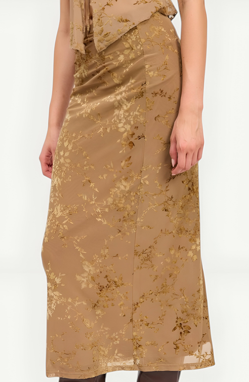 Modenaire Floral Velvet Ruched Waist Side Slit Midi Skirt In Gold