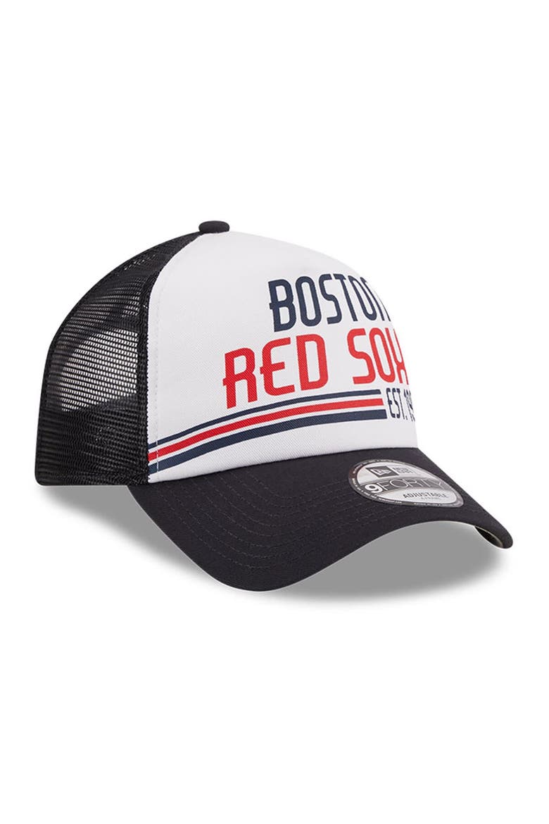 Men's New Era White/Navy Boston Red Sox Stacked A-Frame Trucker 9FORTY Adjustable Hat, Alternate, color, White