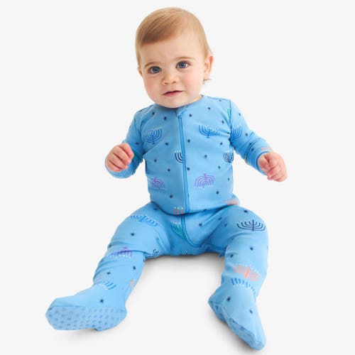 Primary Baby Organic Zip Footie In Rainbow Menorahs In Blue