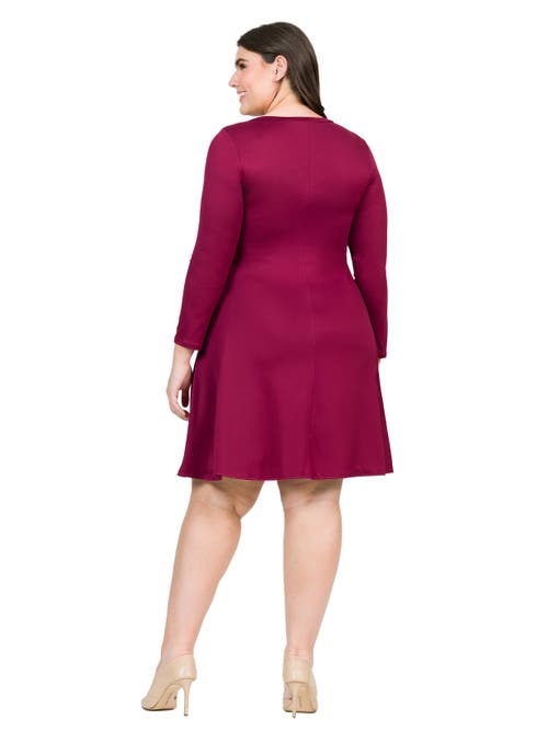 24seven Comfort Apparel Plus Size Classic Long Sleeve  Flared Mini Dress In Burgundy