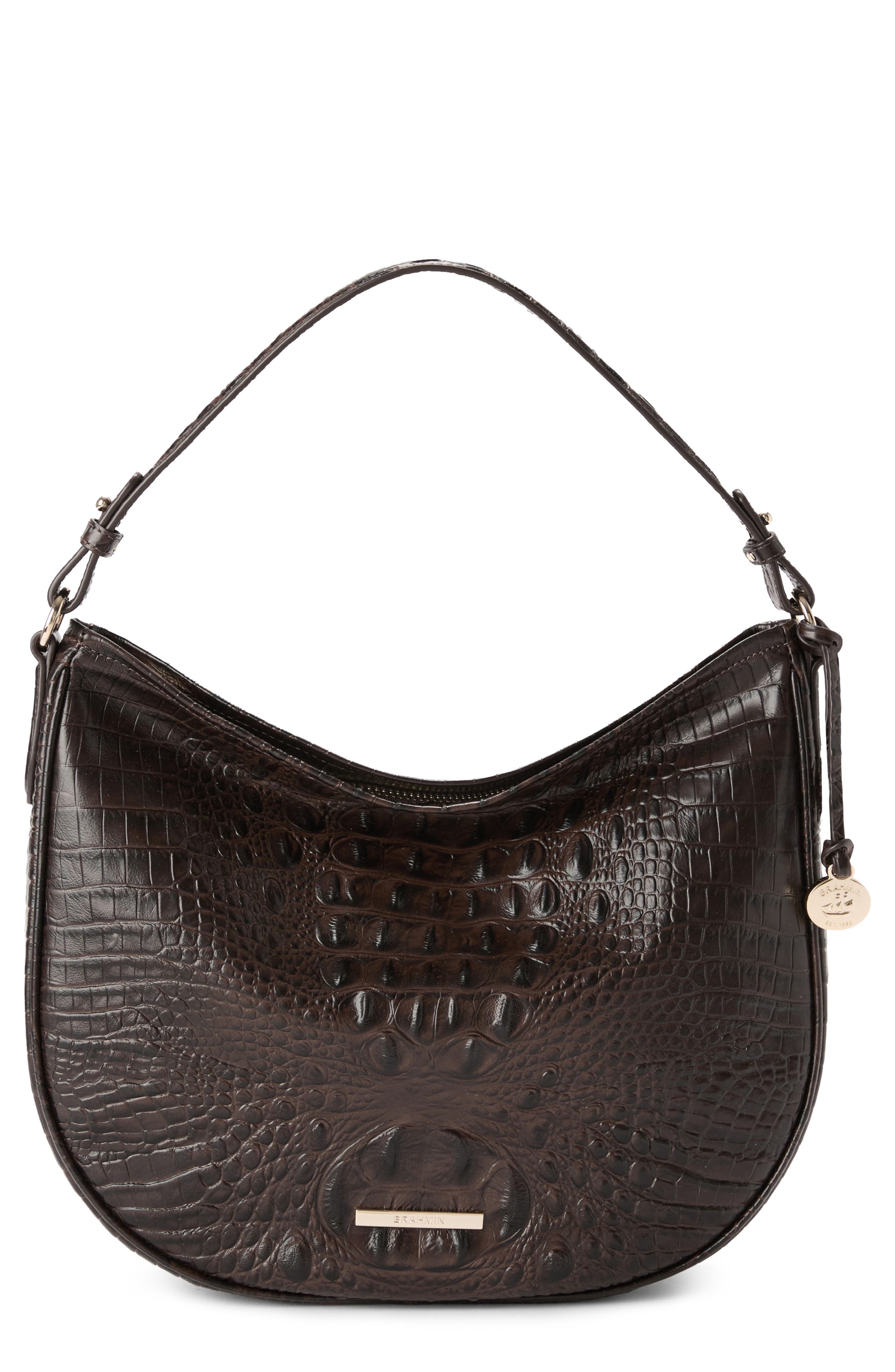 Brahmin Small Kathleen Croc Embossed Leather Shoulder Bag, Main, color, Chocolate Alden Road